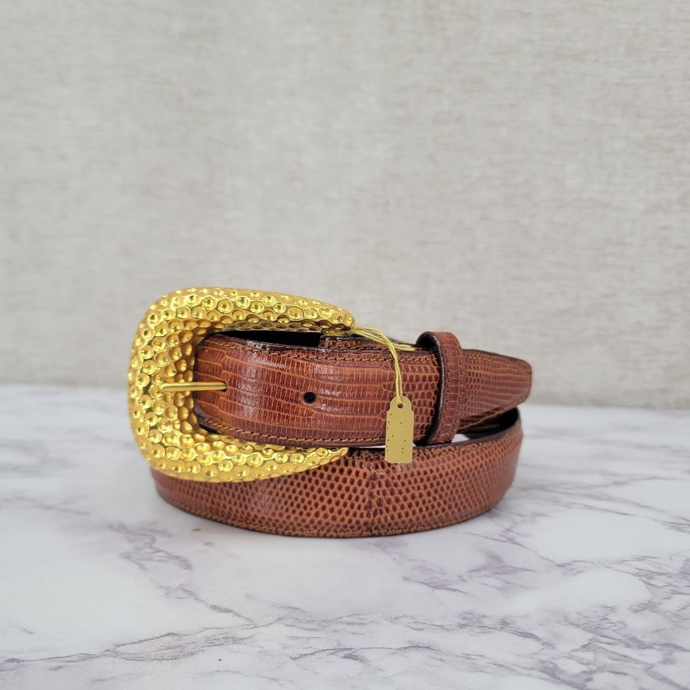 Kleinberg Sherrill Vintage Brown Lizard Embossed Leather Belt Gold Tone Buckle